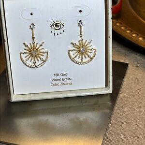 Gold and Crystal Cubic Zirconia Sunburst Earrings with half moons on bottom